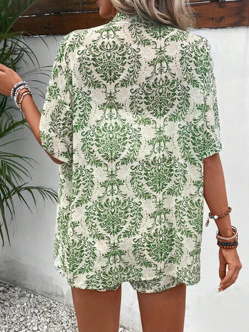 Allover Print Kimono & Shorts Without Tube Top
