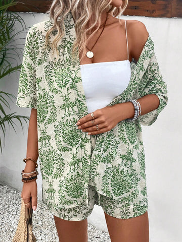Allover Print Kimono & Shorts Without Tube Top