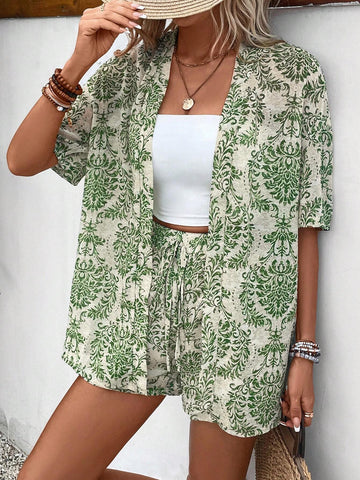 Allover Print Kimono & Shorts Without Tube Top