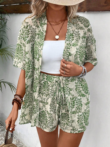 Allover Print Kimono & Shorts Without Tube Top