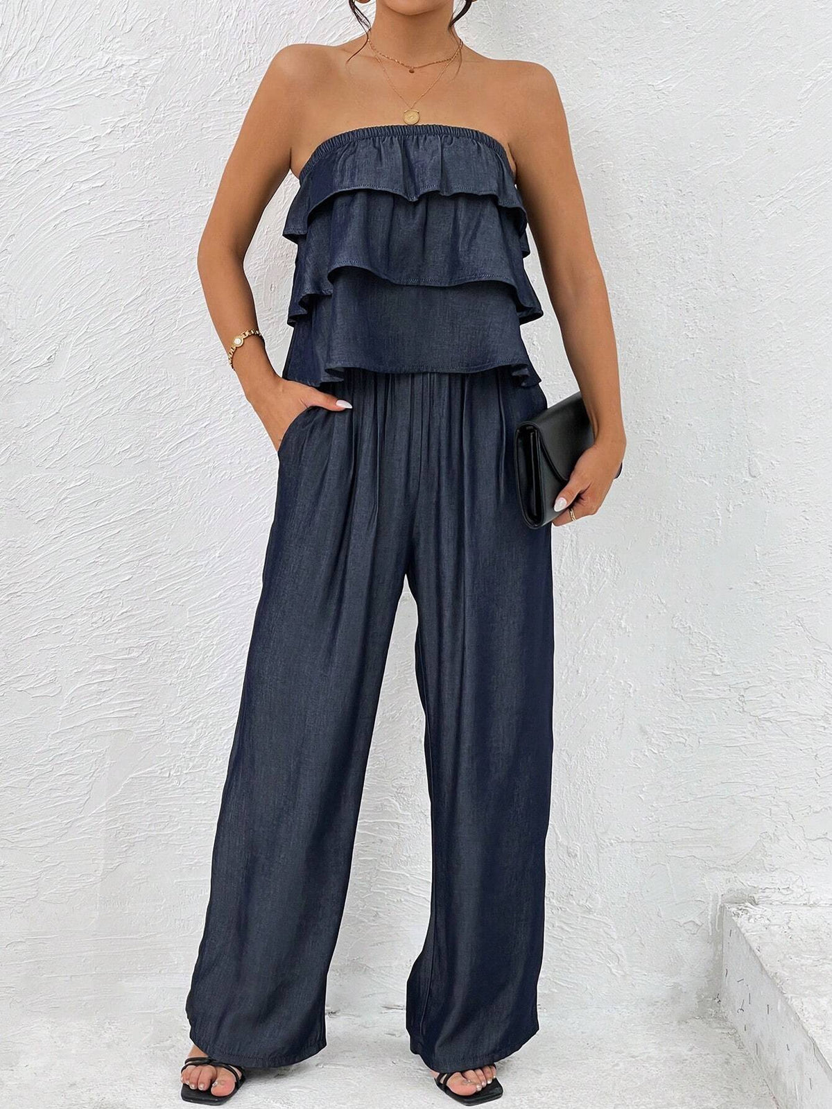 Ruffle Trim Tube Top & Slant Pocket Pants