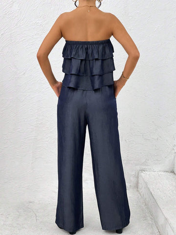 Ruffle Trim Tube Top & Slant Pocket Pants