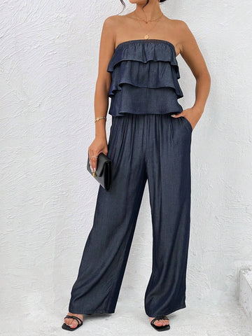 Ruffle Trim Tube Top & Slant Pocket Pants