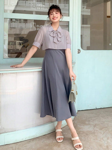 DAZY Tie Neck Puff Sleeve Blouse & Skirt