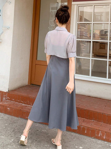 DAZY Tie Neck Puff Sleeve Blouse & Skirt