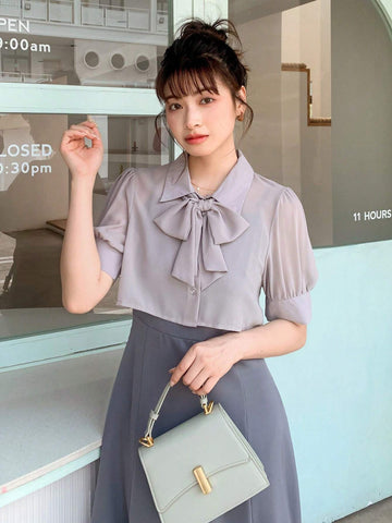 DAZY Tie Neck Puff Sleeve Blouse & Skirt