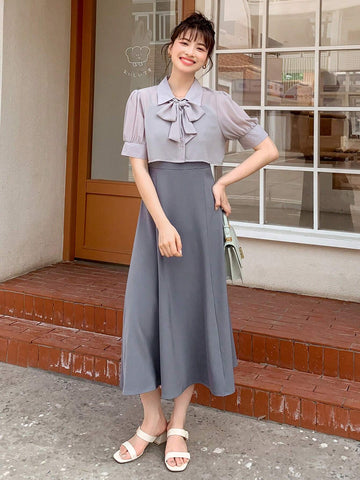 DAZY Tie Neck Puff Sleeve Blouse & Skirt