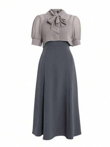 DAZY Tie Neck Puff Sleeve Blouse & Skirt
