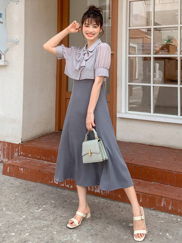 DAZY Tie Neck Puff Sleeve Blouse & Skirt