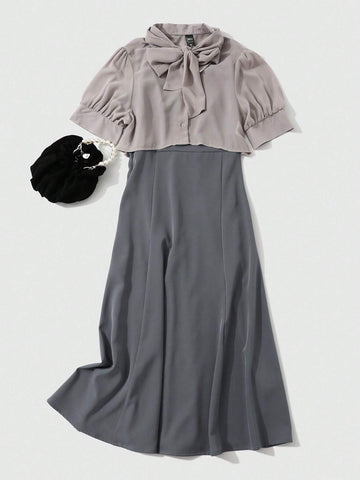 DAZY Tie Neck Puff Sleeve Blouse & Skirt