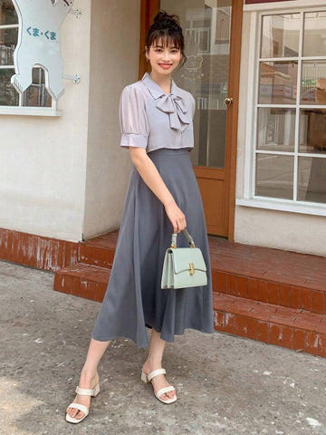 DAZY Tie Neck Puff Sleeve Blouse & Skirt