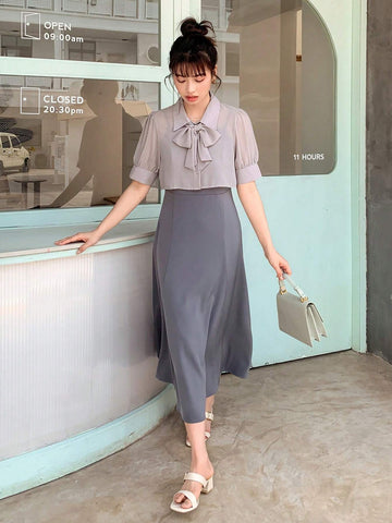 DAZY Tie Neck Puff Sleeve Blouse & Skirt