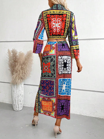 Patchwork Print Twist Front Crop Top & Split Thigh Skirt