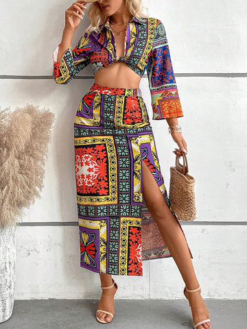 Patchwork Print Twist Front Crop Top & Split Thigh Skirt