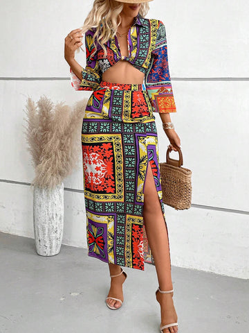 Patchwork Print Twist Front Crop Top & Split Thigh Skirt