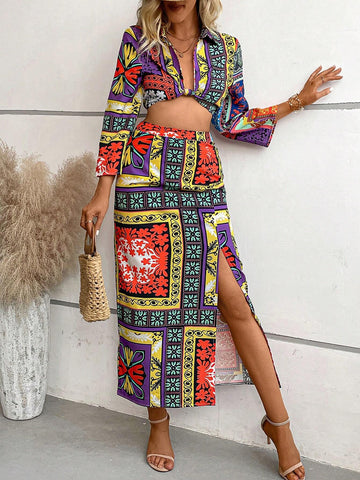 Patchwork Print Twist Front Crop Top & Split Thigh Skirt
