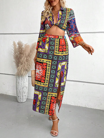 Patchwork Print Twist Front Crop Top & Split Thigh Skirt