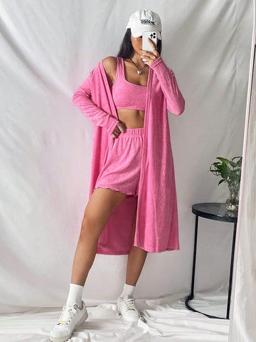 Solid Crop Tank Top & Shorts & Coat