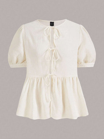 Tie Front Ruffle Hem Puff Sleeve Peplum Blouse