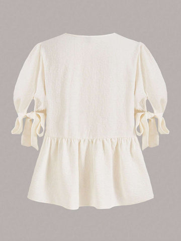 Tie Front Ruffle Hem Puff Sleeve Peplum Blouse