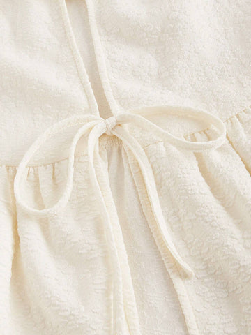 Tie Front Ruffle Hem Puff Sleeve Peplum Blouse