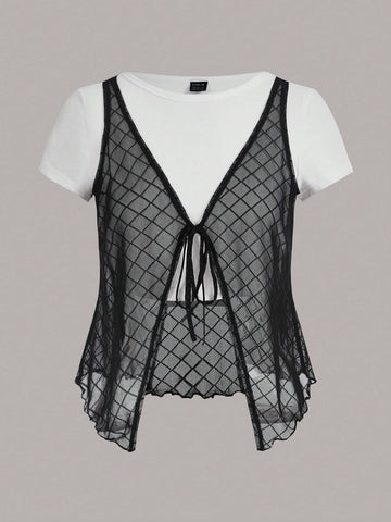 2 In 1 Tie Front Mesh Tee