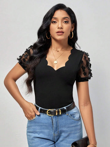 Scallop Trim Appliques Mesh Sleeve Tee