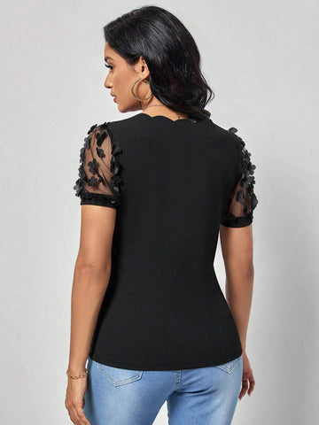 Scallop Trim Appliques Mesh Sleeve Tee