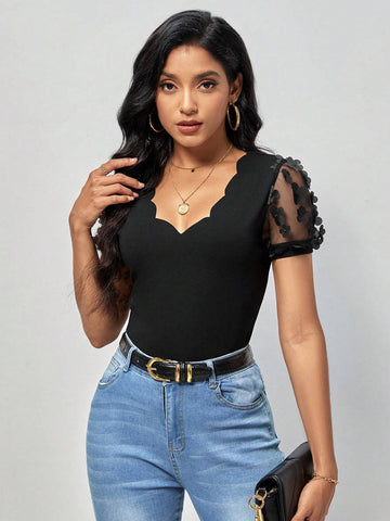 Scallop Trim Appliques Mesh Sleeve Tee