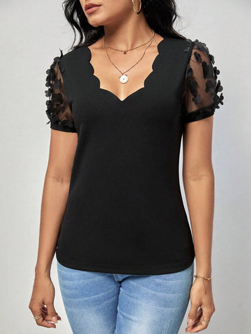 Scallop Trim Appliques Mesh Sleeve Tee