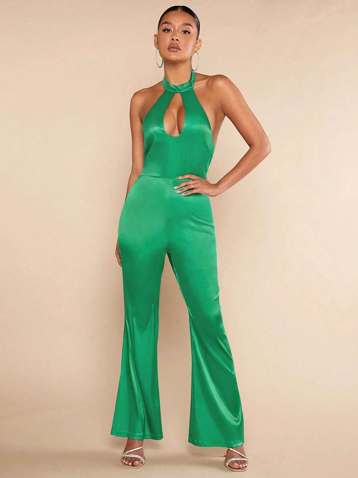 Cut Out Front Backless Flare Leg Halter Jumpsuit