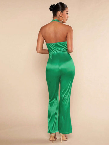 Cut Out Front Backless Flare Leg Halter Jumpsuit