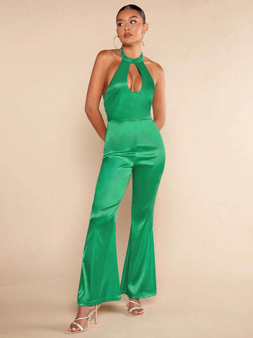 Cut Out Front Backless Flare Leg Halter Jumpsuit