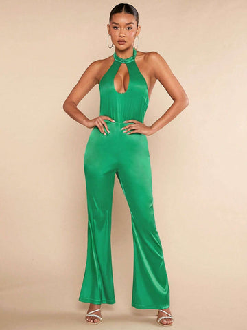 Cut Out Front Backless Flare Leg Halter Jumpsuit