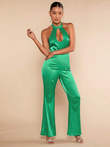 Cut Out Front Backless Flare Leg Halter Jumpsuit