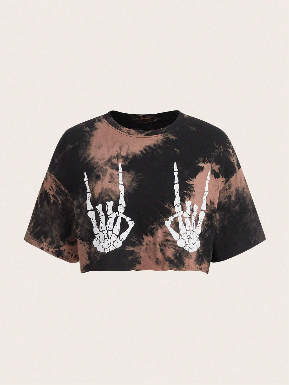 EZwear Skeleton Hand Print Tie Dye Drop Shoulder Crop Tee