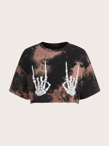 EZwear Skeleton Hand Print Tie Dye Drop Shoulder Crop Tee