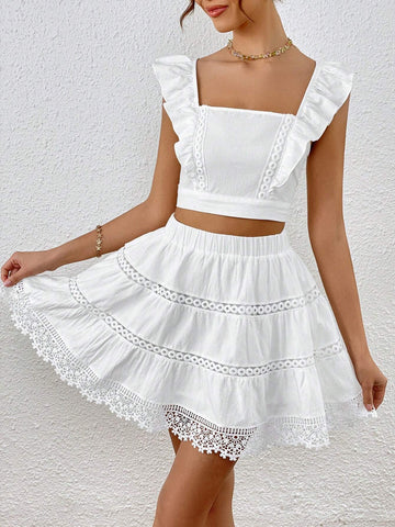 Ruffle Trim Crop Top & Guipure Lace Insert Skirt