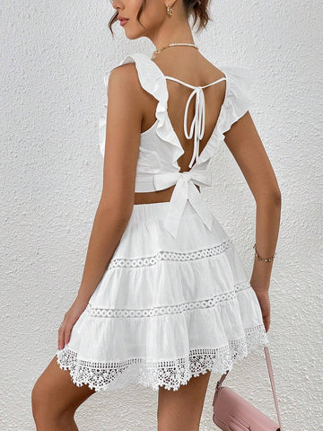 Ruffle Trim Crop Top & Guipure Lace Insert Skirt