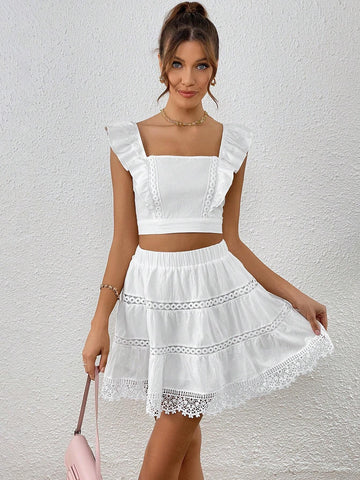 Ruffle Trim Crop Top & Guipure Lace Insert Skirt