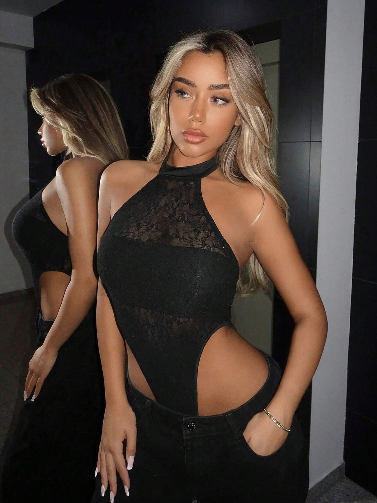 Solid High Cut Halter Neck Backless Lace Bodysuit