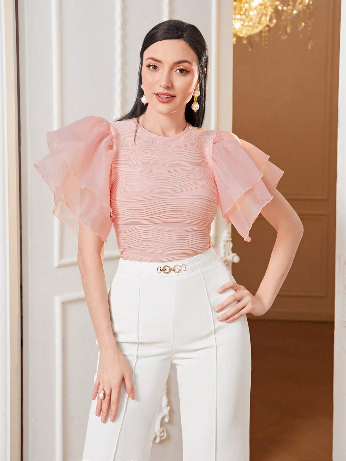 Modely Solid Mesh Butterfly Sleeve Tee