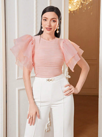 Modely Solid Mesh Butterfly Sleeve Tee