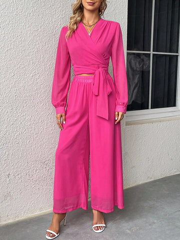 EMERY ROSE Solid Tie Front Crop Top & Wide Leg Pants