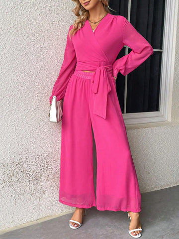 EMERY ROSE Solid Tie Front Crop Top & Wide Leg Pants