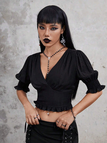 Goth Solid Puff Sleeve Crop Blouse