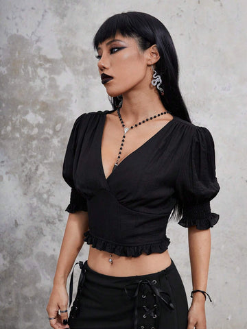 Goth Solid Puff Sleeve Crop Blouse