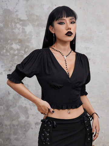 Goth Solid Puff Sleeve Crop Blouse