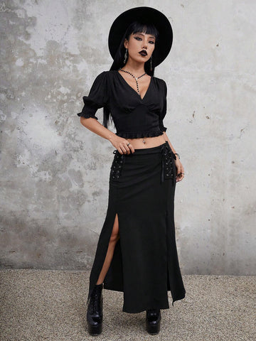 Goth Solid Puff Sleeve Crop Blouse