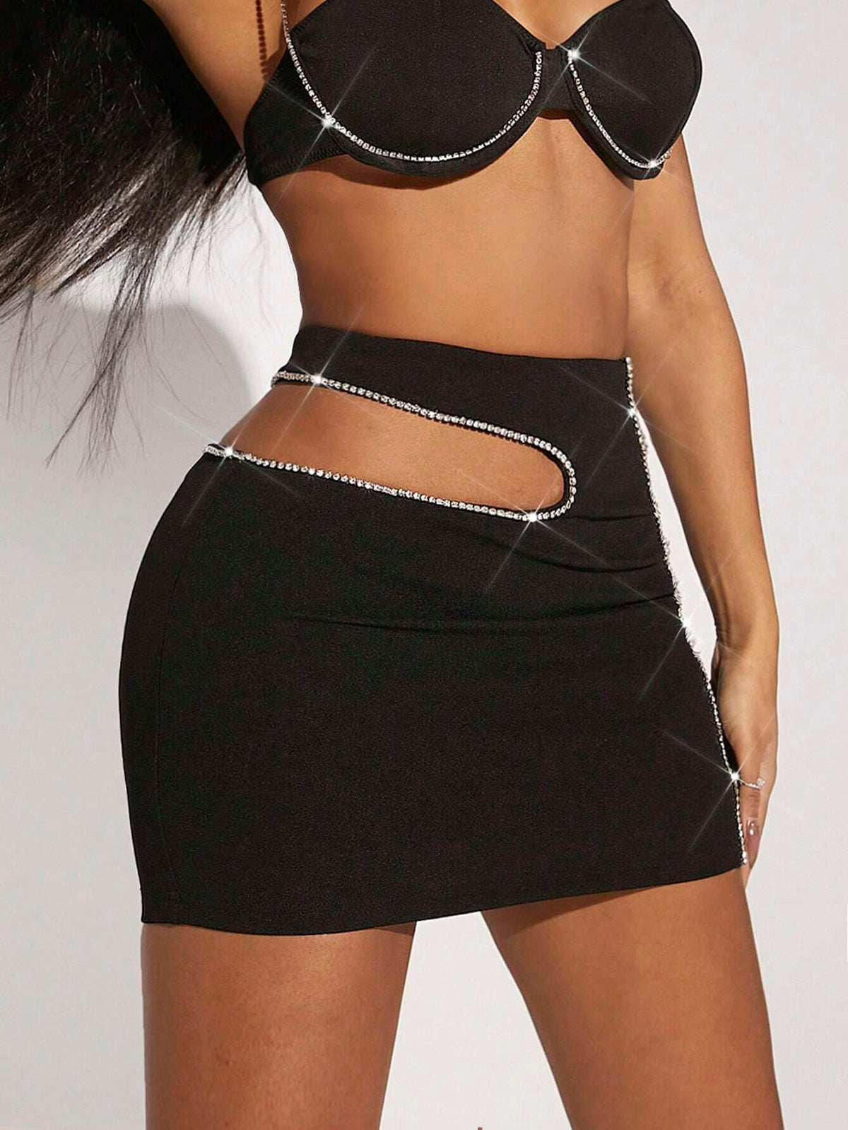 Rhinestone Detail Cut Out Waist Bodycon Skirt